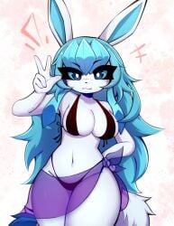 1girls anthro belly big_breasts bikini blue_body breasts canid canine cleavage clothed clothing collarbone eeveelution female female_focus female_only fur furry furry_female furry_only generation_4_pokemon glaceon long_ears looking_at_viewer nintendo octoberrk open_mouth pokemon pokemon_(species) solo tail