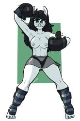 1girls abs alternate_version_available animal_ears armpits athletic athletic_female athletic_wear bare_midriff black_hair black_panties black_skirt boxing boxing_gloves breasts dog_ears eyewear female female_focus female_only front_view glasses green_eyes grey_nipples homestuck jade_harley muscular muscular_female netto-painter nipples panties partially_clothed pose see-through_clothing shin_guards simple_background smile solo solo_female solo_focus standing tagme thenettz_(artist) thighs toes topless topless_female white_body white_skin