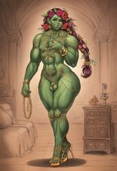 ai_assisted ai_generated femboy girly green_skin greyscaler jewelry large_penis large_testicles leaf_hair male male_only muscular muscular_femboy orc orc_male plant_humanoid pose solo solo_male thick_thighs wide_hips world_of_lust:_the_spire