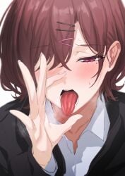 absurdres blush brown_hair collarbone collared_shirt female hair_ornament hair_over_one_eye hairclip highres higuchi_madoka idolmaster implied_fellatio long_sleeves looking_at_viewer mole mole_under_eye open_mouth shirt short_hair swept_bangs tongue tongue_out ulrich_(tagaragakuin) white_background white_shirt
