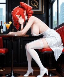 ai_generated alcohol ass bangs bar_(place) bare_arms bare_shoulders black_choker black_footwear blush bottle breasts buccha building chair choker cityscape cleavage closed_mouth clothing couch cup dress drill_hair drinking_glass female female female_only food footwear fruit hanging_breasts head_rest high_heels horns indoors jewelry large_breasts leaning_forward legwear lemon lemon_slice long_hair looking_at_viewer original pointy_ears ponytail red_hair shoes sideboob sidelocks sitting sleeveless sleeveless_dress solo strap_gap table thighhighs thighs twin_drills twintails white_dress white_footwear white_legwear white_thighhighs window wine_bottle wine_glass yellow_eyes