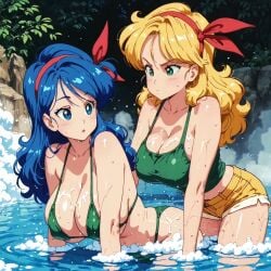 2025 ai_generated blonde_female blonde_girl blonde_hair_female blue_eyebrows blue_eyes_female blue_female blue_girl blue_hair_female crunchyroll dragon_ball dragon_ball_z forest_background green_bikini green_eyes_female green_shirt instagram looking_each_other lunch_(dragon_ball) meta not_porn orange_eyebrows pink_cheeks red_hair_bow toei_animation unknown_artist waterfall wet_bikini wet_body wet_clothes wet_skin yellow_shorts