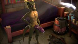 1boy 3d animated anthro background_noise bed bedroom big_penis canine_genitalia canine_penis ejaculation hand_on_hip horns huge_cock knot knotted_penis kobold loop male male_only nude penis precum precum_drip precum_ejaculation scalie shorter_than_30_seconds solo solo_male sound tagme throbbing_penis velocirection video