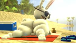 16:9 2023 3_toes 3d_(artwork) 5_fingers aidenz anthro ass backsack balls beach beach_towel big_butt clothing digital_media_(artwork) english_description eyewear eyewear_only feet fingers flip_flops footwear fur genitals hair hand_on_butt hi_res lagomorph leporid long_hair looking_back lying male male_focus mammal max_(sam_and_max) nude on_front open_mouth palm_tree perineum pink_nose plant rabbit sam_and_max sandals sharp_teeth shoes solo sunglasses sunglasses_only teeth thick_thighs toes towel tree wearing_sunglasses white_body white_fur widescreen