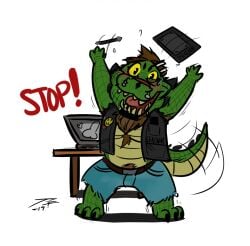2019 alex_(jrbart) anthro barbell_piercing black_clothing black_topwear black_vest blue_bottomwear blue_clothing blue_pants bottomwear circular_barbell_piercing clothed clothing computer crazydrak crocodile crocodilian dated electronics eyebrow_piercing facial_piercing front_view glistening glistening_eyes green_body green_scales hi_res laptop lip_piercing lip_ring looking_at_viewer male nose_piercing open_clothing open_mouth open_smile open_topwear open_vest pants piercing pubes reptile ring_piercing scales scalie septum_circular_barbell septum_piercing signature simple_background smile solo standing topwear vest white_background yellow_body yellow_eyes yellow_scales