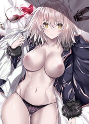 1girls alcohol bangs black_jacket black_panties blush breasts commentary_request cowboy_shot cup drinking_glass fate/grand_order fate_(series) female female_only fur_trim jacket jeanne_alter large_breasts long_sleeves looking_at_viewer lying navel nipples noto_kurumi on_back open_clothes open_jacket pale_skin panties parted_lips shirt silver_hair solo solo_female spilled stomach thigh_gap underwear white_shirt wine wine_glass yellow_eyes