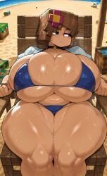 ai_generated beach big_ass big_breasts blue_bikini blue_bra blue_eyes brown_hair choker huge_ass huge_breasts jenny_belle_(slipperyt) lalass looking_away minecraft sitting summer sweat