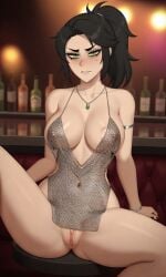ai_assisted ai_generated armlet backless_outfit bar bare_legs bare_shoulders black_hair black_nails bracelet green_eyes high_heels mesh_clothing milf necklace nightclub renee_graves reneenjoyer silver_dress the_coffin_of_andy_and_leyley