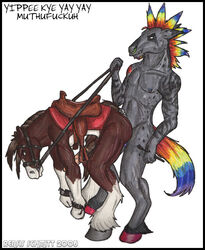 2008 2boys anthro bondage equine fur furry furry_only gay hair halter handcuffs hooves horse jewelry male male_only mohawk nose_ring penis rainbow reins rensis_schmitt saddle sketch stirrups tail text white_background