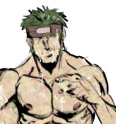 1boy :q bara boyd_(fire_emblem) commentary cum cum_on_body cum_on_male cum_on_pectorals facial fire_emblem fire_emblem:_radiant_dawn green_eyes green_hair highres kargofreakx male male_focus muscular muscular_male nipples pectorals short_hair simple_background solo tongue tongue_out upper_body variant_set white_background