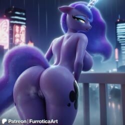3d ai_generated anus ass asshole bedroom_eyes big_ass big_breasts blue_body blue_eyes blush city city_background cityscape curvy curvy_female curvy_figure cutie_mark cyberpunk from_behind furroticaart glowing glowing_hair glowing_tail grin looking_at_viewer looking_back my_little_pony neon_lights nipples outside presenting presenting_hindquarters presenting_pussy princess_luna_(mlp) purple_body pussy_dripping pussy_juice shiny_skin smirk sweat sweat_drops unicorn_horn voluptuous wet_pussy wet_skin
