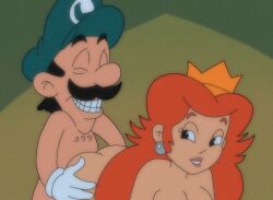 1boy 1girls ambiguous_penetration black_hair consensual dic_entertainment edit fake_screenshot female gloves green_hat hat long_hair luigi male male/female mario_(series) nintendo nude nude_female princess princess_peach princess_toadstool princess_toadstool_(dic_cartoons) royalty sex smile straight straight_sex super_mario_bros. teeth the_super_mario_bros._super_show!