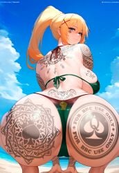 ai_generated ass_focus beach big_ass bikini darkness_(konosuba) kono_subarashii_sekai_ni_shukufuku_wo! qos qos_tattoo queen_of_spades thick_thighs