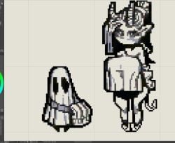 1girls 2025 ambiguous_gender bag bare_legs bigger_female blush breasts clothed_female crop_top demon_girl demon_horns demon_humanoid demon_tail extinctyellow female ghost ghost_costume huge_breasts larger_female monochrome nipple_bulge original original_characters pixel_art pointy_ears ponytail tall_female taller_female taller_girl thin_waist