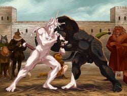anthro balls barbary_lion belly bird_dog borzoi bound boypretties canid canine canis castle clothed clothing domestic_dog equid equine facial_hair felid flaccid frilly genitals group hi_res horn horse hunting_dog lion male male/male mammal moustache muscular muscular_male mythological_creature mythological_equine mythology nipples nude nude_anthro nude_male pantherine penis scar sighthound sky spaniel tail tail_tied tassels unicorn wrestling