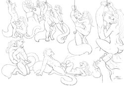 anthro bagheera_(artist) bondage cuffs cum domination feathers feline female femdom footjob fur furry highres kissing male mammal monochrome oral penis sex straddling testicles vaginal