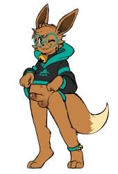 anklet anthro bell bell_collar clothed clothing clothing_lift collar eevee erection eyewear foreskin generation_1_pokemon genitals glasses green_clothing green_eyes green_eyewear green_glasses green_hoodie green_topwear grey_clothing grey_hoodie grey_topwear hi_res hoodie jewelry looking_at_viewer male multicolored_hoodie nintendo one_eye_closed penis pokemon pokemon_(species) shirt shirt_lift simple_background smile solo sutagaki tongue tongue_out topwear uncircumcised white_background wink winking_at_viewer