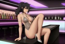 ai_assisted ai_generated armlet backless_outfit bar bare_legs bare_shoulders black_hair black_nails bracelet drink green_eyes high_heels mesh_clothing milf necklace nightclub renee_graves reneenjoyer silver_dress the_coffin_of_andy_and_leyley