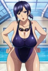 1girls ai_generated alluring bare_legs big_breasts blue_eyes blue_hair cleavage dead_or_alive dead_or_alive_xtreme_venus_vacation doasuki female one-piece_bikini rei_no_pool reika_(doa) swimming_pool tecmo