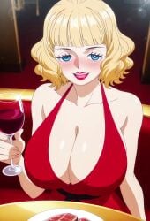 1girls ai_generated anime anime_screencap armpits bangs big_breasts blonde_hair blue_eyes blunt_bangs blush breasts cleavage clothing deep_cleavage dish dress drunk female female_only half-closed_eyes hi_res highres huge_breasts large_breasts lipstick numbleg one_piece open_mouth relaxed restaurant shiny_skin short_hair sleeveless smile solo solo_female speaking stussy_(one_piece) wavy_hair wine wine_glass