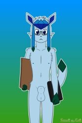 2:3 animal_genitalia anthro balls blue_body blue_ears blue_eyes blue_fur brady_d'arco cardboard computer eeveelution electronics eyewear fully_sheathed fur generation_4_pokemon genitals glaceon glasses green_body green_fur hi_res laptop male navel nintendo nipples nude pokemon pokemon_(species) poker_face scoutthecat02 sheath solo wearing_glasses