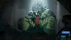anthro autofellatio big_penis bodily_fluids cum cum_in_mouth cum_inside cumshot ejaculation genital_fluids genitals green_body hi_res male marvel masturbation muscular muscular_male nude oral oral_masturbation penile penile_masturbation penis reptile sackless scalie sitting solo stripes the_lizard_(marvel) todex