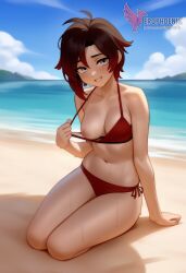 1girls 2d ai_generated ass back barefoot beach big_ass big_breasts bikini black_bikini breasts day erophoenix feet female gradient_hair light-skinned_female light_skin looking_at_viewer looking_back multicolored_hair nipple_slip nipples outdoors pale-skinned_female pale_skin patreon_username red_hair ruby_rose rwby short_hair sitting sky smile soles solo swimsuit two-tone_hair umbrella uncensored
