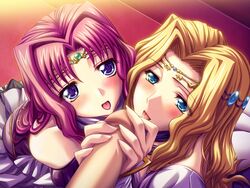 2girls blonde_hair blue_eyes blush fellatio game_cg hair kantaka long_hair mashou_no_nie oral penis pink_hair roxana_katousha sarah_katousha