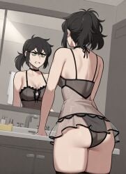 1girls ai_generated black_hair green_eyes lingerie milf mirror renee_graves reneenjoyer sink the_coffin_of_andy_and_leyley