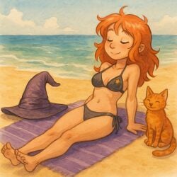 1girls ai_generated auburn_hair beach beach_background beach_towel belly_button bikini black_bikini black_bikini_bottom black_bikini_top carrot_(pepper&carrot) chatgpt(ai) closed_eyes closed_mouth female pepper&carrot pepper_(pepper&carrot) sea sea_background seaside sitting sitting_on_ground smiling witch wizard_hat