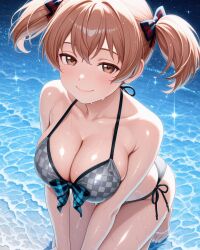 2025 ai_generated beach_background black_bikini black_hair_tie blushing_at_viewer brown_eyebrows brown_eyes_female brown_hair_female eyebrows_visible_through_hair instagram looking_at_viewer meta not_porn open_mouth open_mouth pekoillust pink_cheeks shy_expression shy_face shy_female shy_smile smile_at_viewer smiling_at_viewer unknown_character wet_bikini wet_body wet_skin