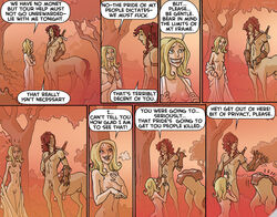 blonde_hair blush breasts centaur comic english_text equine female gloves gratitude hair horse humor kneeling long_hair male nipples oglaf oral outside penis ponytail pussy red_hair small_breasts straight sword taur text tied_hair tree undressing weapon webcomic