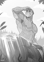 friday_the_13th greyscale jason_voorhees male male_only mask masked masked_male mozgistired muscles muscular muscular_male naked naked_male penis solo solo_male