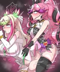 1futa 1girls black_hair cure_kiss cure_zukyoon dialogue dubious_consent english_text from_behind futa_on_female futanari futanari_penetrating green_hair hi_res highres idol joeneko26 kimi_to_idol_precure light-skinned_female light_skin long_hair magical_girl meroron meroron_(kimi_to_idol_precure) multicolored_hair pink_hair precure pretty_cure purirun purirun_(kimi_to_idol_precure) text thick_thighs thighs toei_animation white_hair