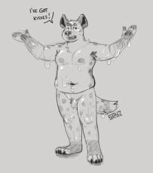 2025 anthro armpit_hair armpit_tuft balls bodily_fluids body_hair claws english_text ethan_(spyz) flaccid genitals glistening glistening_body handpaw hyena love_handles male mammal monochrome moobs navel overweight overweight_male paws penis saliva saliva_covered simple_background slightly_chubby solo spots spotted_hyena spyz_(artist) standing tail text toe_claws