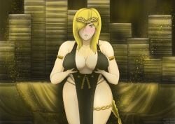 ass background braided_hair breast_grab breast_squeeze breasts crown elden_ring eyes gold_eyes gold_hair hair legs long_dress necklace nyamel one_eye_covered one_eye_open oppai queen_marika_the_eternal white_body white_skin