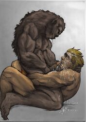 2boys after_sex barefoot blonde_hair cum cum_on_face drool fangs feet gay gradient_background hair human kupopo male male_only messy muscular mythology orgasm penis saliva tusks werewolf