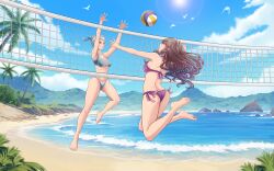 2girls absurdres alternate_costume ass barefoot beach beach_volleyball bikini bird blue_bikini blue_hair breasts brown_hair cleavage cloud commentary commission english_commentary female fire_emblem fire_emblem_awakening highres long_hair medium_breasts multiple_girls nintendo nirainini ocean palm_tree phila_(fire_emblem) purple_bikini short_hair stomach sumia_(fire_emblem) swimsuit third-party_source toes tree volleyball volleyball_net