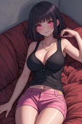 ai_generated cleavage couch large_breasts looking_at_viewer original_character pink_shorts short_hair