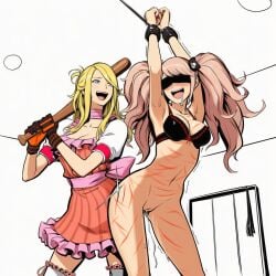 ai_generated arms_above_head arms_tied bad_girl bad_girl_(nmh) baseball_bat bat birdawg16 blindfold blindfolded bra cfnf crossover cumming danganronpa despair drooling junko_enoshima lezdom lezsub loving_it no_more_heroes punished punishment pussy_dripping reward simple_background whip_marks whipped whipping yuri