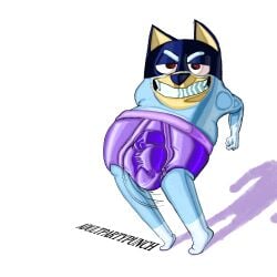 adultpartypunch air_humping bandit_heeler bluey_(series) bulge bulge_focus bulge_through_clothing bulge_under_clothes humiliated humiliating humiliation humiliation_fetish pelvic_thrust red_eyes satin satin_panties shiny_clothes simple_background smile underwear