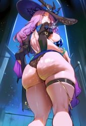 1girls ai_generated ass ass_focus back_view backboob black_lingerie breasts bubble_ass bubble_butt cellulite clothed_female curvy dominant dominant_female exposed_back female female_only genlation hat honkai:_star_rail hoyoverse huge_ass huge_breasts jade_(honkai:_star_rail) lace_panties large_ass large_breasts large_hat legs lingerie_panties lipstick long_hair looking_back mature_female partially_clothed solo solo_female tagme thick_ass thick_legs thick_thighs thighs viewed_from_below
