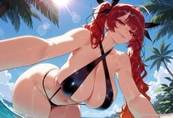 ahoge ai_generated azur_lane balecxi bare_shoulders blue_sky cleavage criss-cross_halter day female hair_ribbon halterneck honolulu_(azur_lane) huge_breasts lips long_hair looking_at_viewer navel one-piece_swimsuit outdoors palm_tree patreon_username red_eyes red_hair skindentation slingshot_swimsuit smile solo sun sunlight swimsuit thighs twintails water wet
