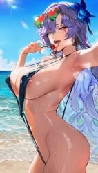 ai_generated areola_slip arm_up armpits bare_shoulders beach black_one-piece_swimsuit blue_eyes blue_flower blue_hair blue_sky blush breasts candy cleavage cloud covered_nipples cowboy_shot day earrings eyewear_on_head female flower food from_side hair_between_eyes hair_flower hair_ornament half-closed_eyes heart heart-shaped_eyewear holding jewelry large_breasts licking lips lollipop long_hair looking_at_viewer makeup mole mole_under_eye multicolored_hair mur_ai_nsfw naughty_face navel ocean one-piece_swimsuit open_mouth outdoors outstretched_arm purple_hair saliva saliva_trail sand sideboob skindentation sky slingshot_swimsuit smile solo standing stomach strap_gap sun sunglasses sunlight sweat swimsuit teeth tongue tongue_out water wavy_hair wet