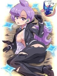 anabel_(pokemon) ass big_breasts black_gloves black_jacket breasts earpiece gloves greninja jacket long_hair necktie no_bra open_clothes open_jacket pants parted_lips pokemoa pokemon purple_eyes purple_hair shiny_skin thighs tomboy torn_clothes wet_hair wet_skin