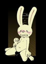 2024 3_toes 4_fingers anthro black_clothing black_thong black_underwear blush bulge clothed clothing english_description feet fingers fur glampistachio hi_res kneeling lagomorph leporid long_ears male mammal max_(sam_and_max) rabbit sam_and_max sharp_teeth solo teeth thong thong_only toes topless underwear underwear_only white_body white_fur