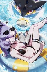 anabel_(pokemon) bare_arms bare_belly bare_legs bare_shoulders bare_thighs belly_button big_breasts bikini black_bikini black_nails bracelet breasts choker cleavage collarbone halterneck innertube lipstick nail_polish parted_lips pokemon purple_eyes purple_hair purple_lipstick raikou ryairyai side-tie_bikini_bottom sideboob sunglasses sunglasses_on_head swim_ring thighs tomboy water