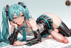 1futa ai_generated dickgirl futa_only futanari hatsune_miku huge_cock hyper_penis intersex laying_on_bed presenting_penis solo tagme vocaloid yo0001