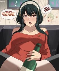 1boy black_hair bottle convenient_censoring couch dialogue drunk female hairband horny horny_female inviting inviting_to_sex karbuitt legs_apart loid_forger long_hair looking_at_viewer pov red_eyes shirt sitting sofa speech_bubble spy_x_family sweater text wine_bottle yor_briar