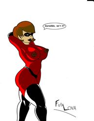 1girls arms_behind_head bent_arms big_breasts boots breasts brown_eyes brown_hair disney elastigirl erect_nipples futalova gloves hair helen_parr jumpsuit large_nipples looking_at_viewer mask nipples pixar red smooth_skin superheroine text the_incredibles thigh_high_boots white_background